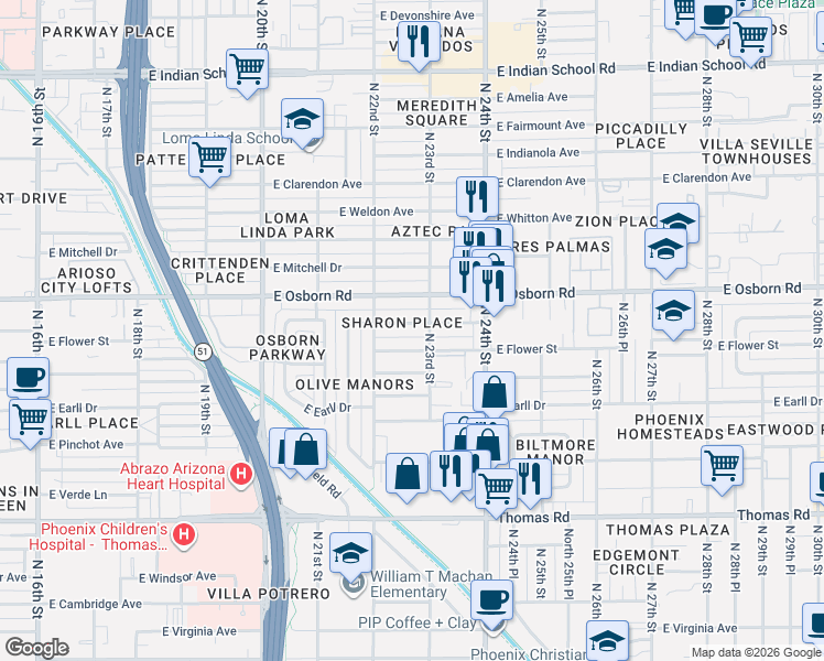 map of restaurants, bars, coffee shops, grocery stores, and more near 2220 East Flower Street in Phoenix