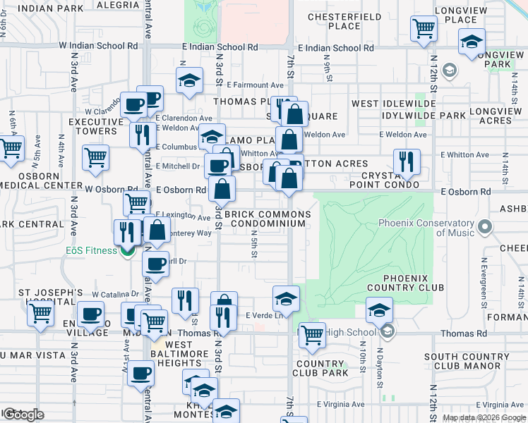 map of restaurants, bars, coffee shops, grocery stores, and more near 3302 East Flower Street in Phoenix