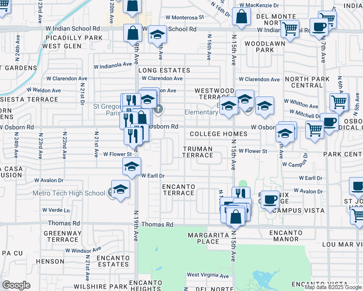 map of restaurants, bars, coffee shops, grocery stores, and more near 3311 North 17th Drive in Phoenix
