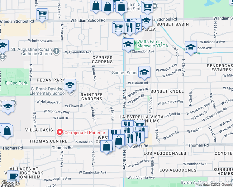 map of restaurants, bars, coffee shops, grocery stores, and more near North 67th Drive in Phoenix
