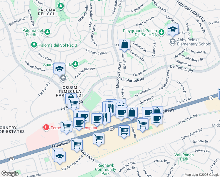map of restaurants, bars, coffee shops, grocery stores, and more near 44132 Calle Allicante in Temecula