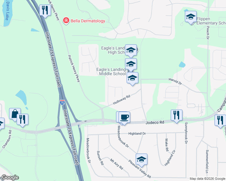 map of restaurants, bars, coffee shops, grocery stores, and more near 205 Eagles Crest Court in McDonough