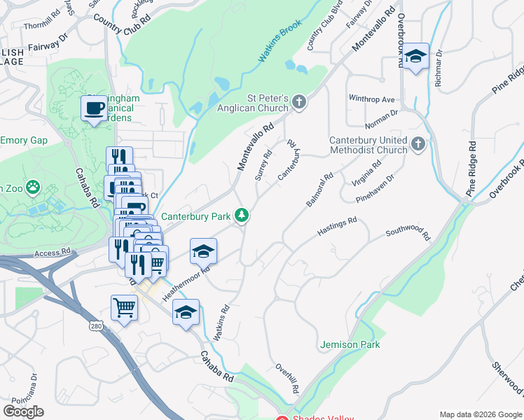 map of restaurants, bars, coffee shops, grocery stores, and more near 2801 Canterbury Road in Birmingham