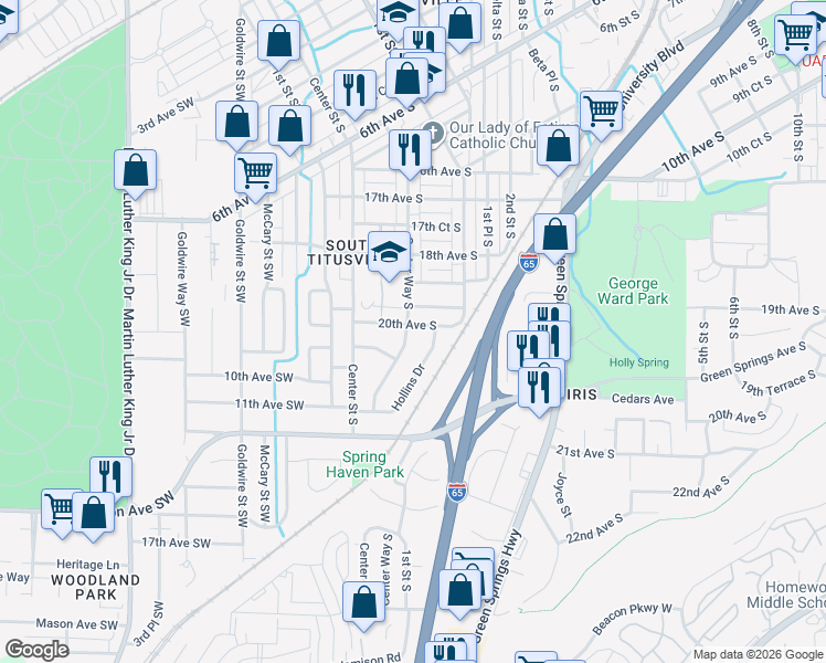 map of restaurants, bars, coffee shops, grocery stores, and more near 2006 Center Way South in Birmingham