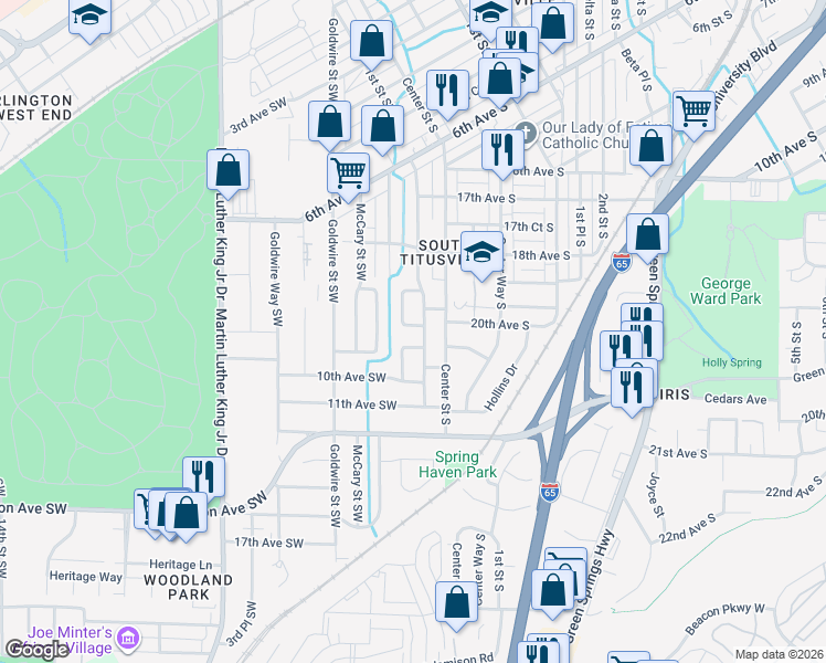 map of restaurants, bars, coffee shops, grocery stores, and more near 16 9th Terrace Southwest in Birmingham