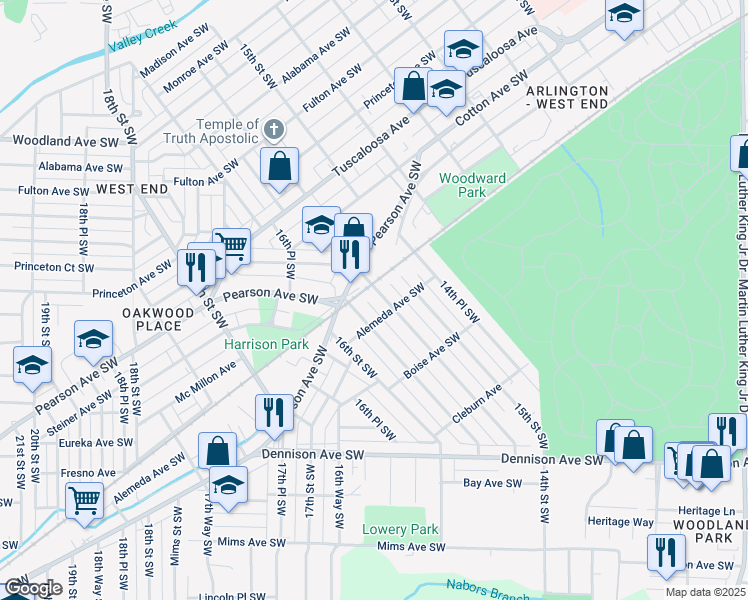 map of restaurants, bars, coffee shops, grocery stores, and more near 1013 15th Way Southwest in Birmingham