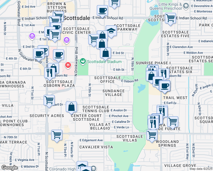 map of restaurants, bars, coffee shops, grocery stores, and more near 7701 East Osborn Road in Scottsdale