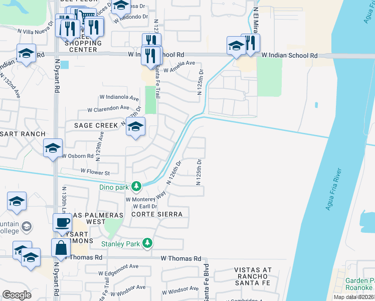 map of restaurants, bars, coffee shops, grocery stores, and more near 12568 West Flower Street in Avondale