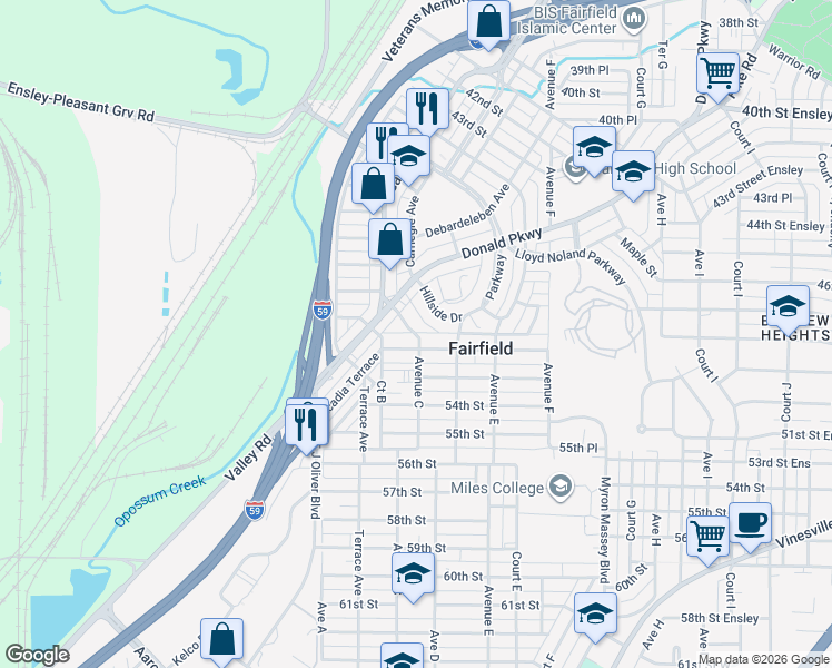 map of restaurants, bars, coffee shops, grocery stores, and more near 5142 Ave C in Fairfield