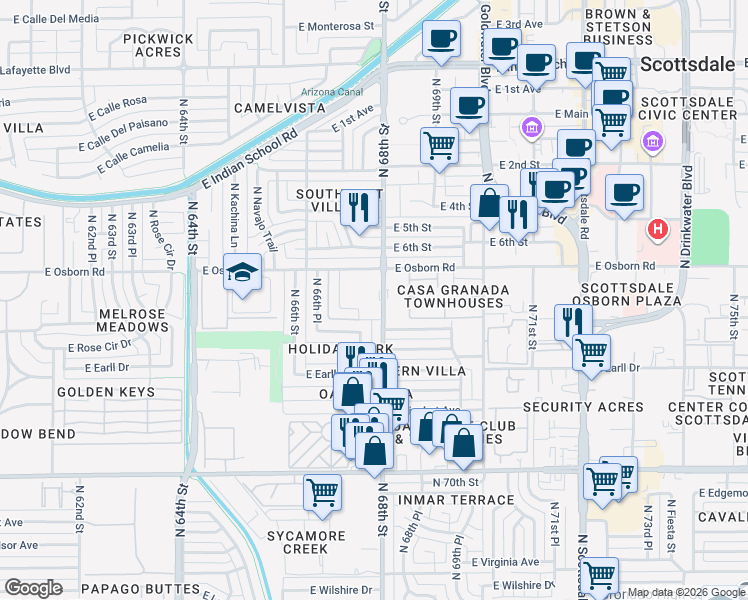 map of restaurants, bars, coffee shops, grocery stores, and more near in Scottsdale