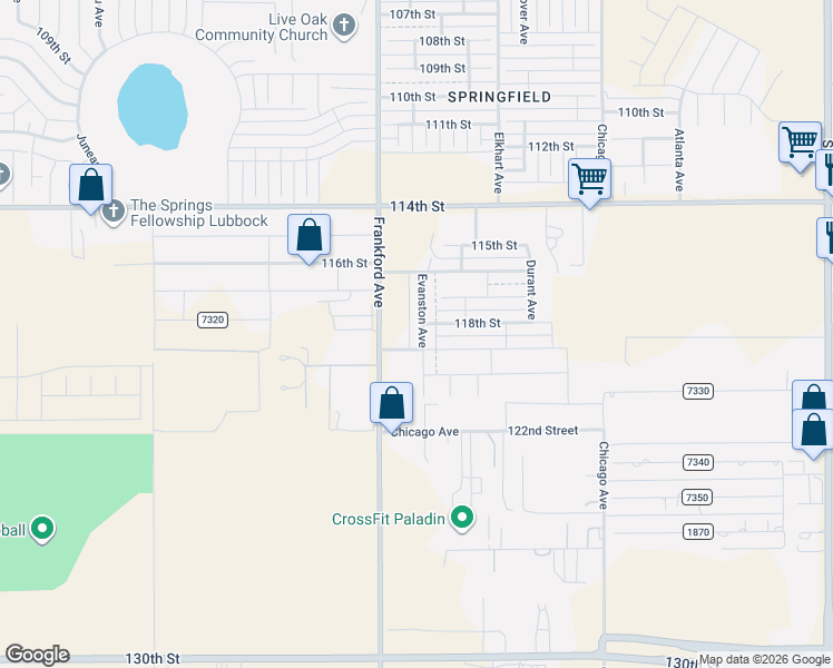 map of restaurants, bars, coffee shops, grocery stores, and more near 11783-11999 Frankford Avenue in Lubbock