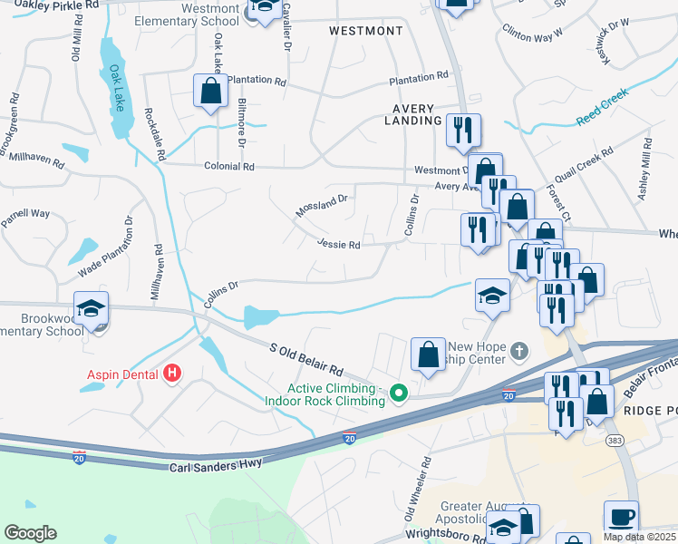 map of restaurants, bars, coffee shops, grocery stores, and more near 906 Cabot Cove in Augusta