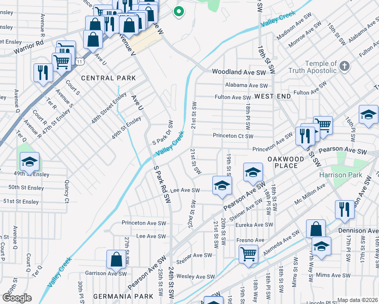 map of restaurants, bars, coffee shops, grocery stores, and more near 2101 Fulton Avenue Southwest in Birmingham