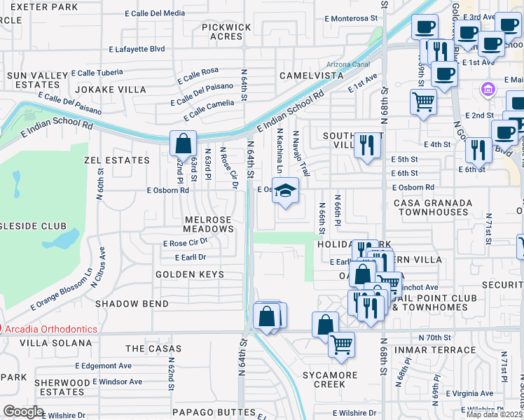map of restaurants, bars, coffee shops, grocery stores, and more near 6505 East Osborn Road in Scottsdale
