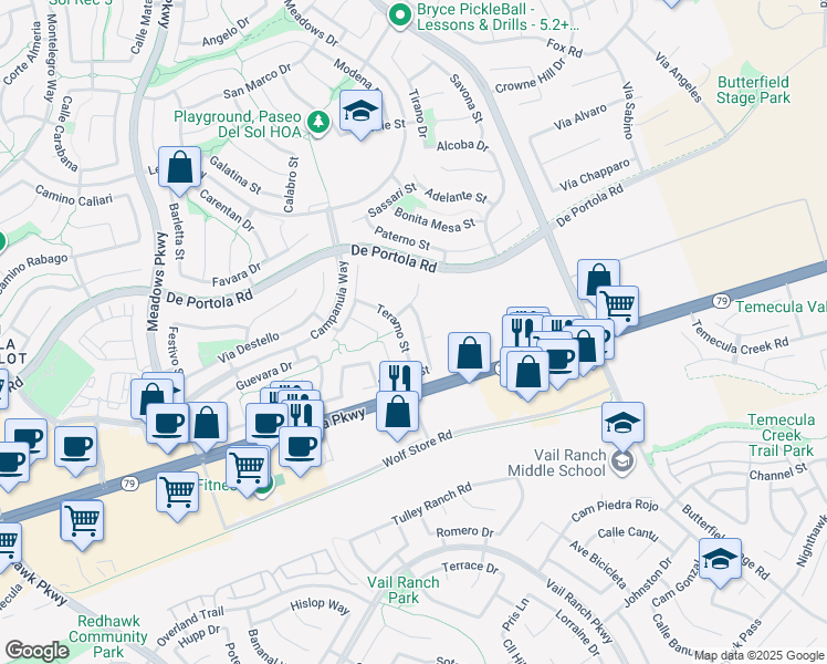 map of restaurants, bars, coffee shops, grocery stores, and more near 43125 Volterra Street in Temecula