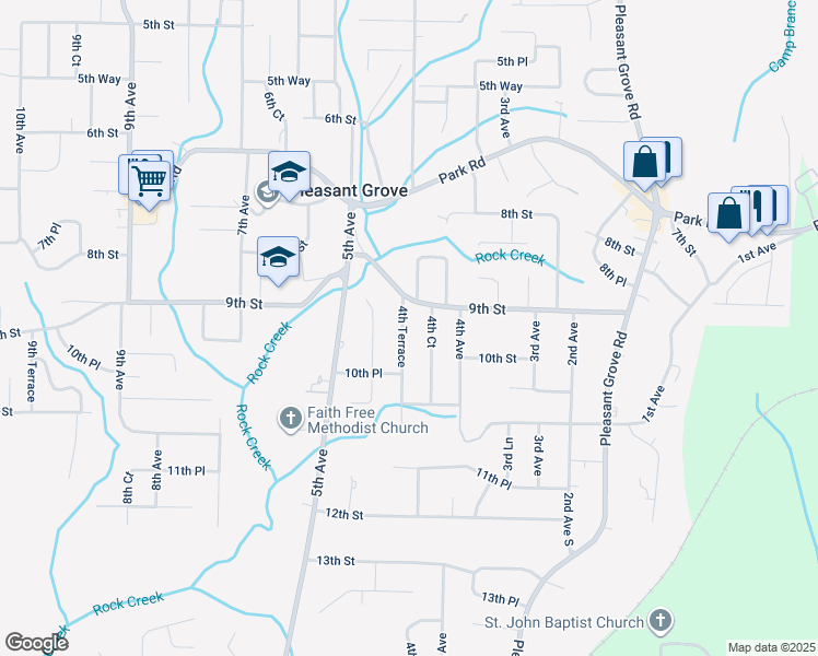 map of restaurants, bars, coffee shops, grocery stores, and more near 911 4th Terrace in Pleasant Grove