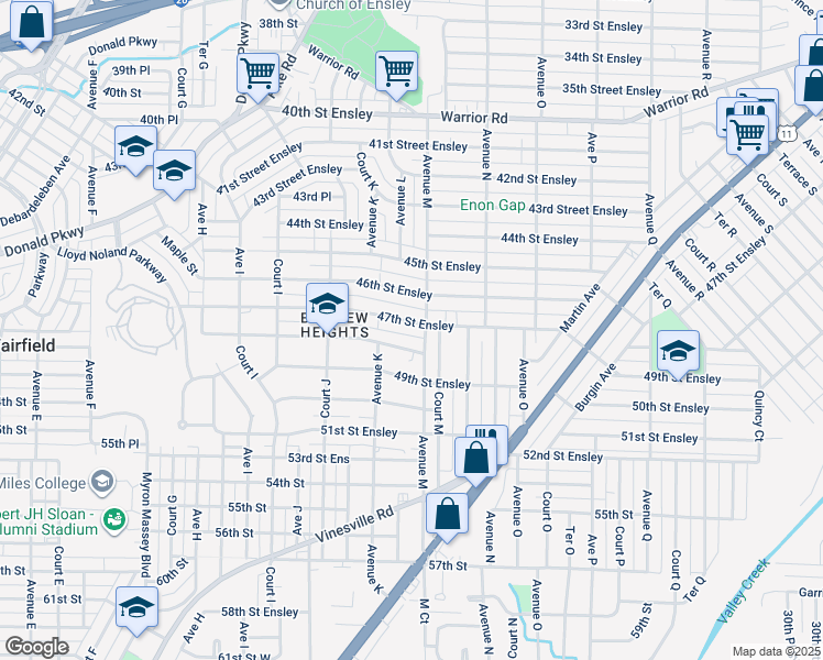 map of restaurants, bars, coffee shops, grocery stores, and more near 1121 47th Street Ensley in Birmingham