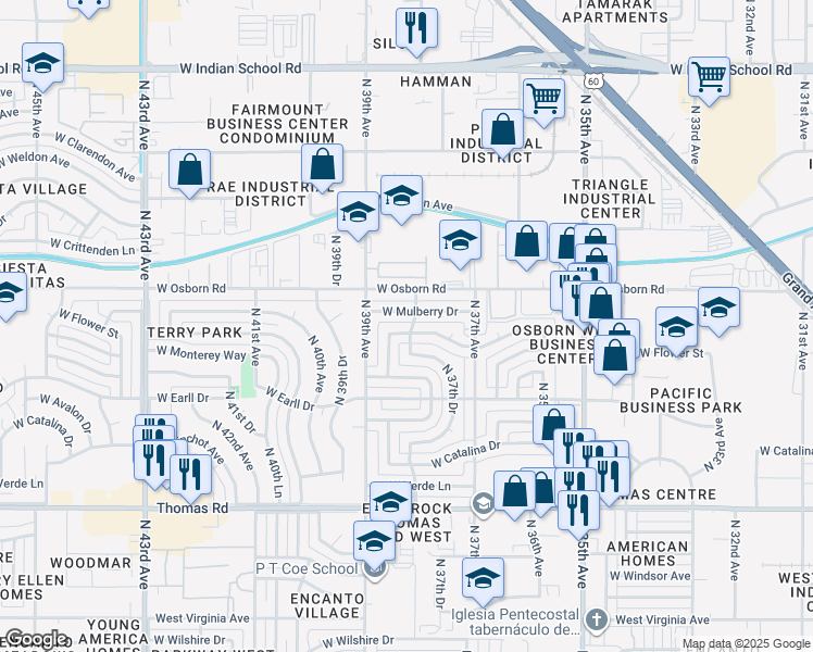 map of restaurants, bars, coffee shops, grocery stores, and more near 3805 West Flower Street in Phoenix