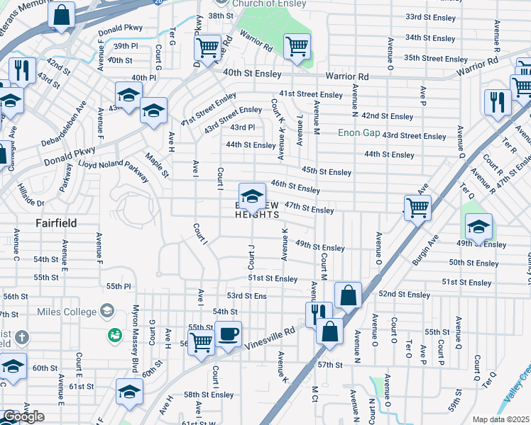 map of restaurants, bars, coffee shops, grocery stores, and more near 1012 48th Street Ensley in Birmingham