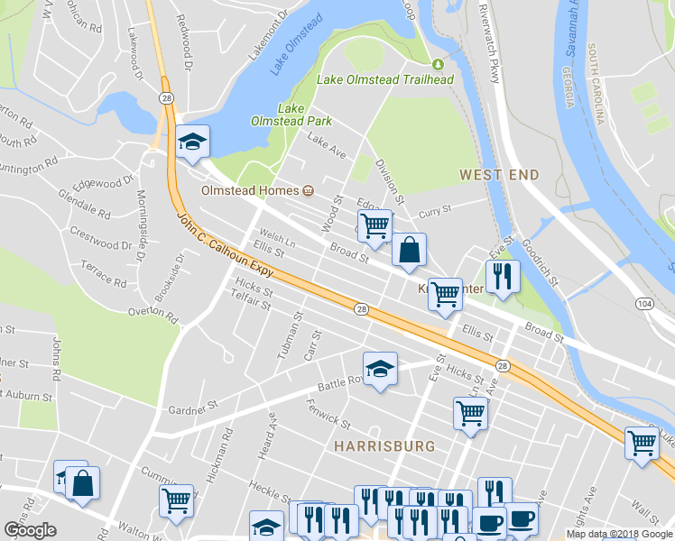 map of restaurants, bars, coffee shops, grocery stores, and more near 2077 Ellis Street in Augusta