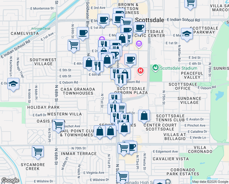 map of restaurants, bars, coffee shops, grocery stores, and more near 3300 North Scottsdale Road in Scottsdale