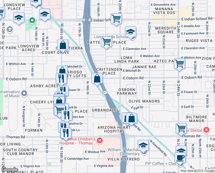 map of restaurants, bars, coffee shops, grocery stores, and more near 1901 East Osborn Road in Phoenix