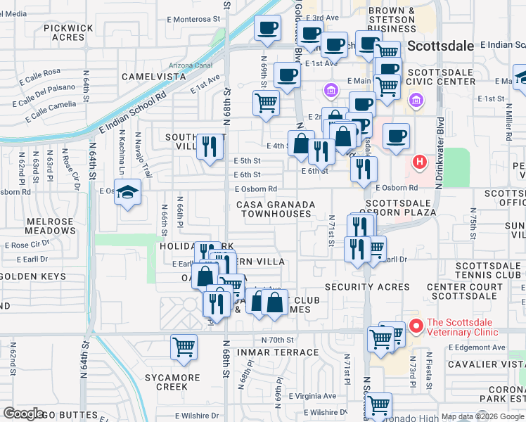 map of restaurants, bars, coffee shops, grocery stores, and more near 6861 East Osborn Road in Scottsdale