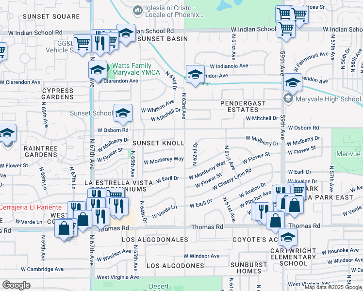 map of restaurants, bars, coffee shops, grocery stores, and more near 3310 North 63rd Avenue in Phoenix