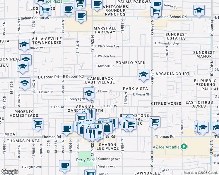 map of restaurants, bars, coffee shops, grocery stores, and more near 3302 East Flower Street in Phoenix