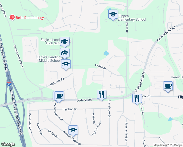 map of restaurants, bars, coffee shops, grocery stores, and more near 76 Harold Drive in McDonough
