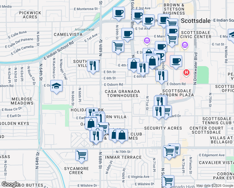 map of restaurants, bars, coffee shops, grocery stores, and more near 6861 East Osborn Road in Scottsdale