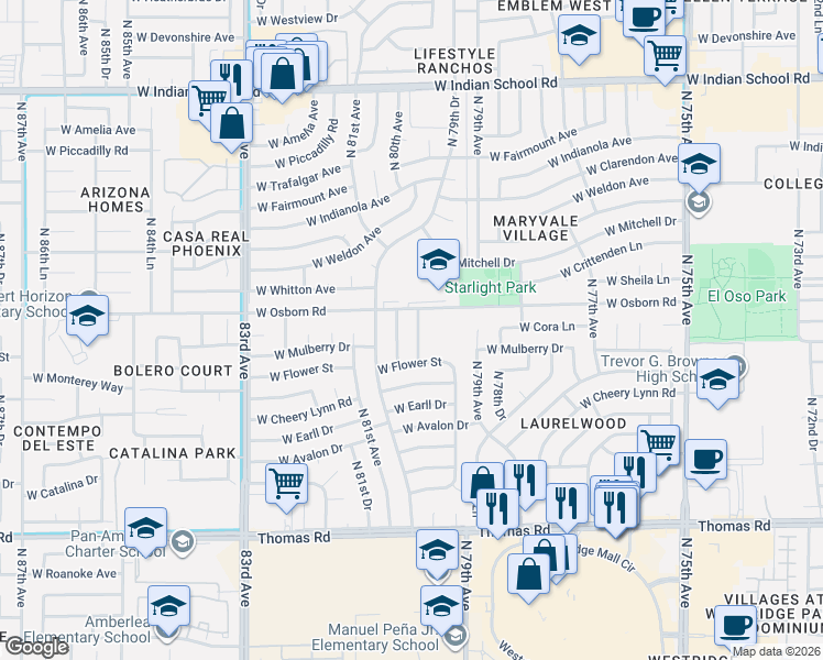 map of restaurants, bars, coffee shops, grocery stores, and more near 3319 North 80th Drive in Phoenix