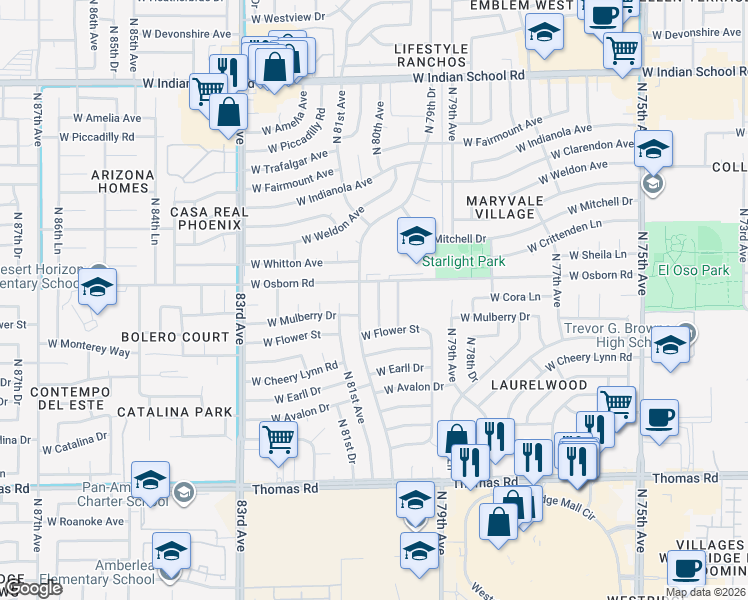 map of restaurants, bars, coffee shops, grocery stores, and more near 3319 North 80th Drive in Phoenix