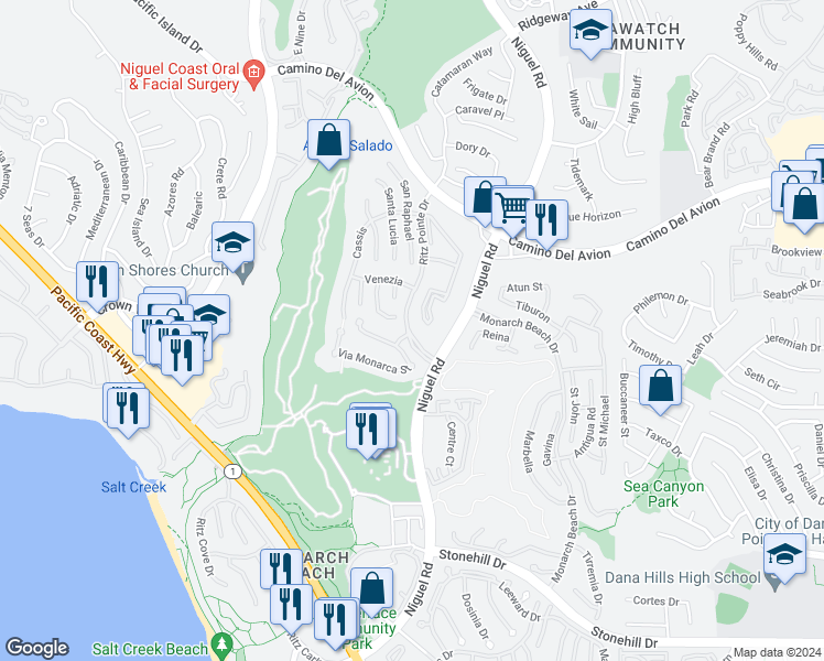 map of restaurants, bars, coffee shops, grocery stores, and more near in Dana Point