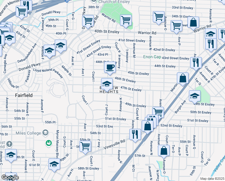 map of restaurants, bars, coffee shops, grocery stores, and more near 1012 48th Street Ensley in Birmingham