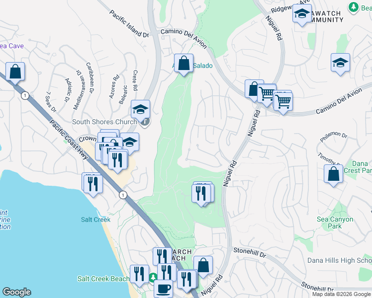 map of restaurants, bars, coffee shops, grocery stores, and more near 3 Vista Cielo in Dana Point