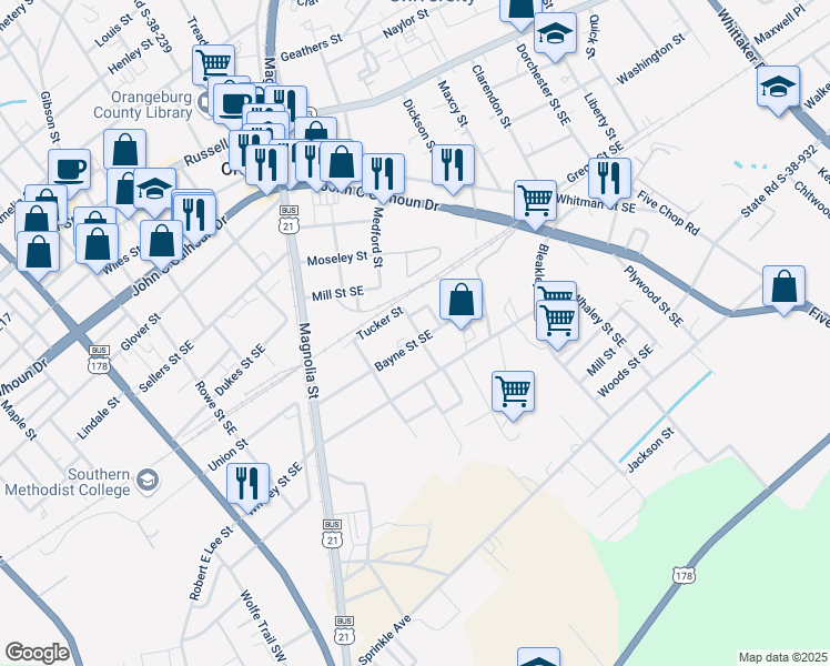 map of restaurants, bars, coffee shops, grocery stores, and more near 478 Bayne St SE in Orangeburg