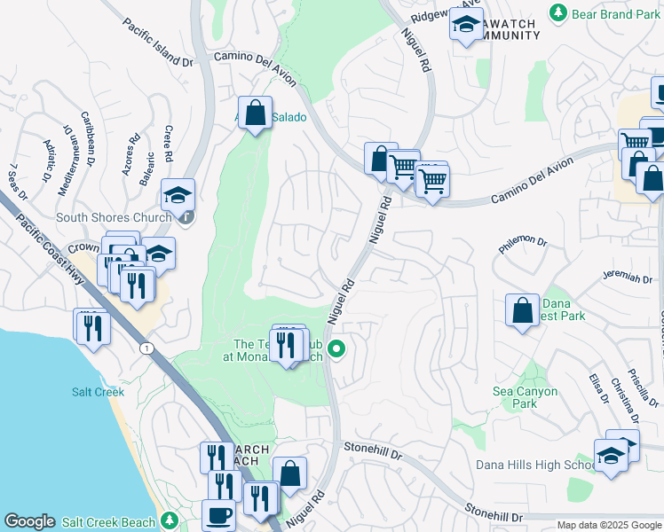 map of restaurants, bars, coffee shops, grocery stores, and more near 38 Corniche Drive in Dana Point