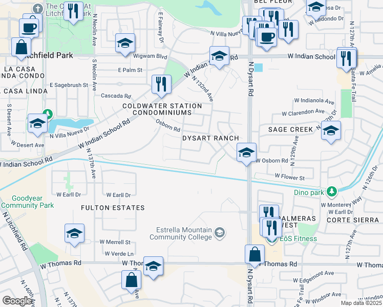 map of restaurants, bars, coffee shops, grocery stores, and more near 13263 West Flower Street in Litchfield Park