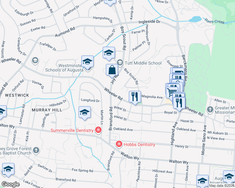 map of restaurants, bars, coffee shops, grocery stores, and more near 2903 Wheeler Road in Augusta