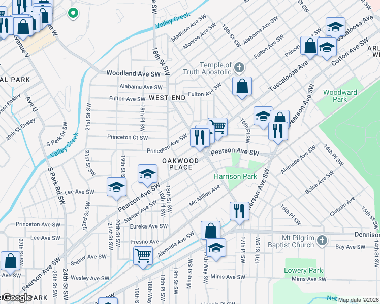 map of restaurants, bars, coffee shops, grocery stores, and more near 1721 Lee Avenue Southwest in Birmingham