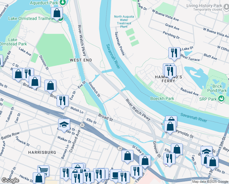 map of restaurants, bars, coffee shops, grocery stores, and more near 20 Kendrick Place in Augusta