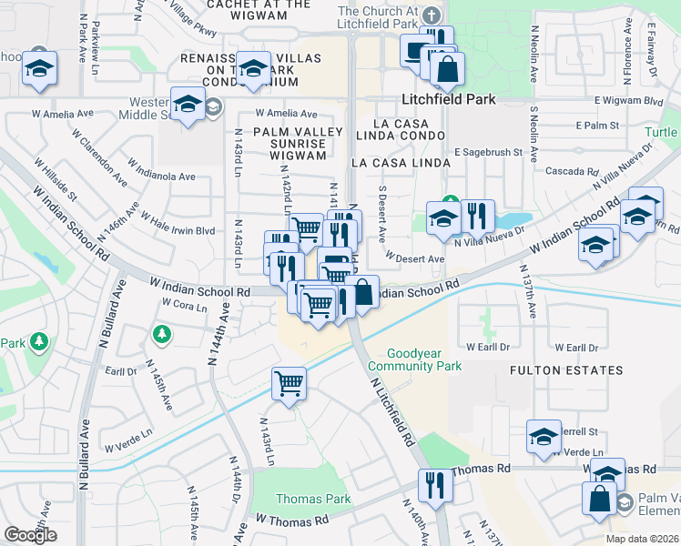 map of restaurants, bars, coffee shops, grocery stores, and more near 14130 West Indian School Road in Goodyear