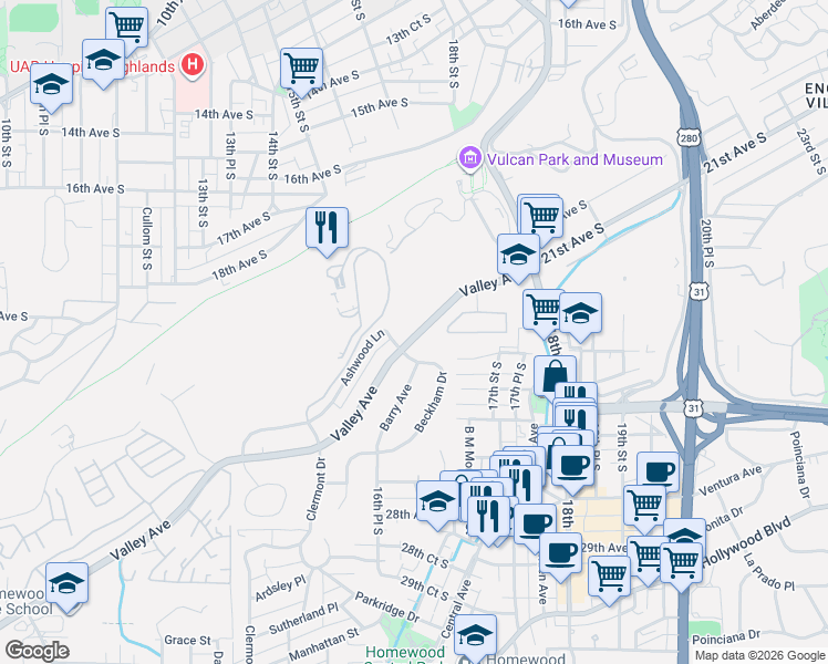 map of restaurants, bars, coffee shops, grocery stores, and more near 1677 Beckham Drive in Birmingham