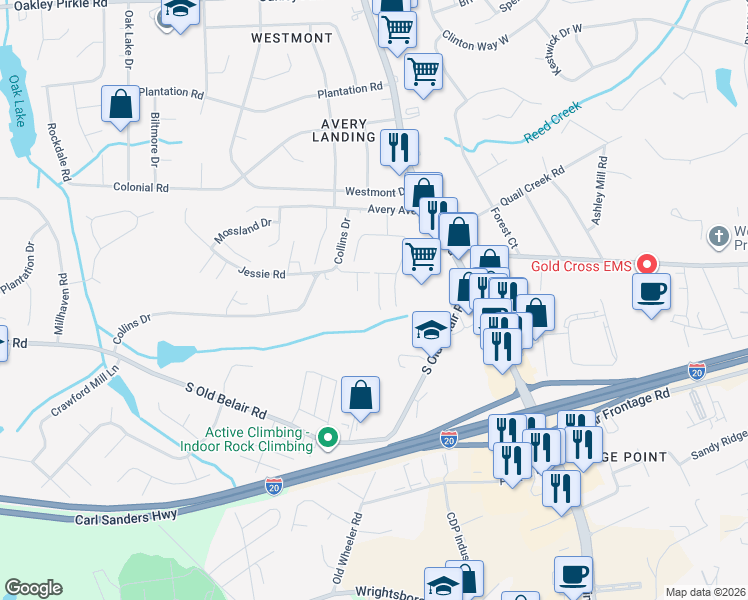 map of restaurants, bars, coffee shops, grocery stores, and more near 716 South Old Belair Road in Grovetown