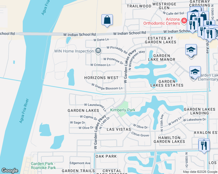 map of restaurants, bars, coffee shops, grocery stores, and more near 11417 West Orange Blossom Lane in Avondale
