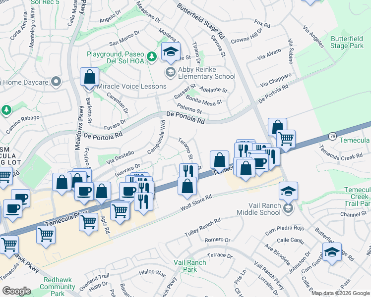 map of restaurants, bars, coffee shops, grocery stores, and more near 43154 Teramo Street in Temecula