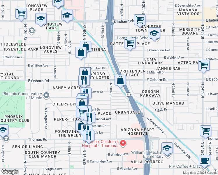 map of restaurants, bars, coffee shops, grocery stores, and more near 1741 East Flower Street in Phoenix