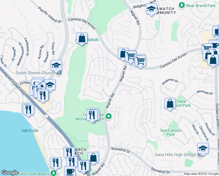 map of restaurants, bars, coffee shops, grocery stores, and more near 36 Corniche Drive in Dana Point