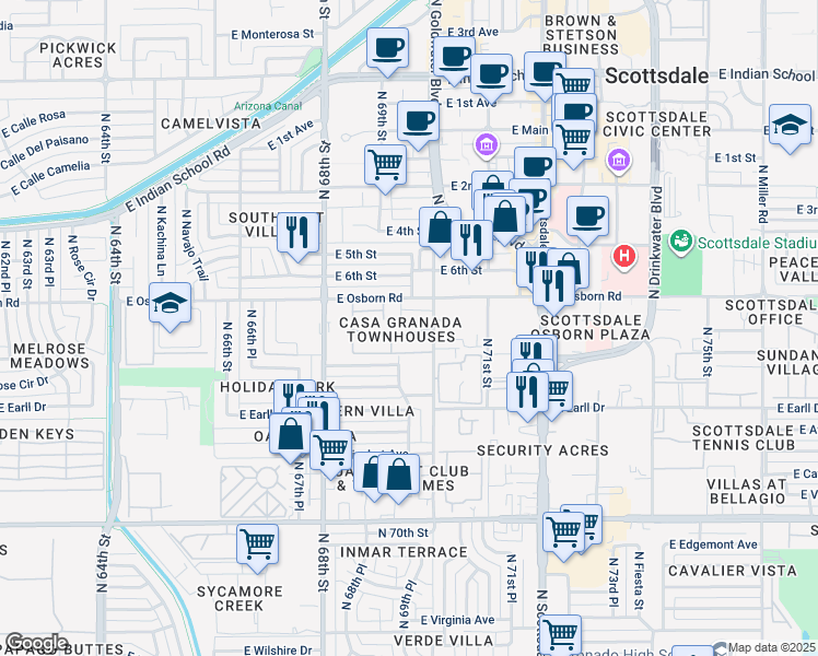 map of restaurants, bars, coffee shops, grocery stores, and more near 6957 East Osborn Road in Scottsdale